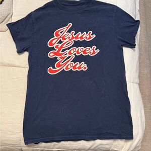 Navy T-Shirt with Red and White Text
